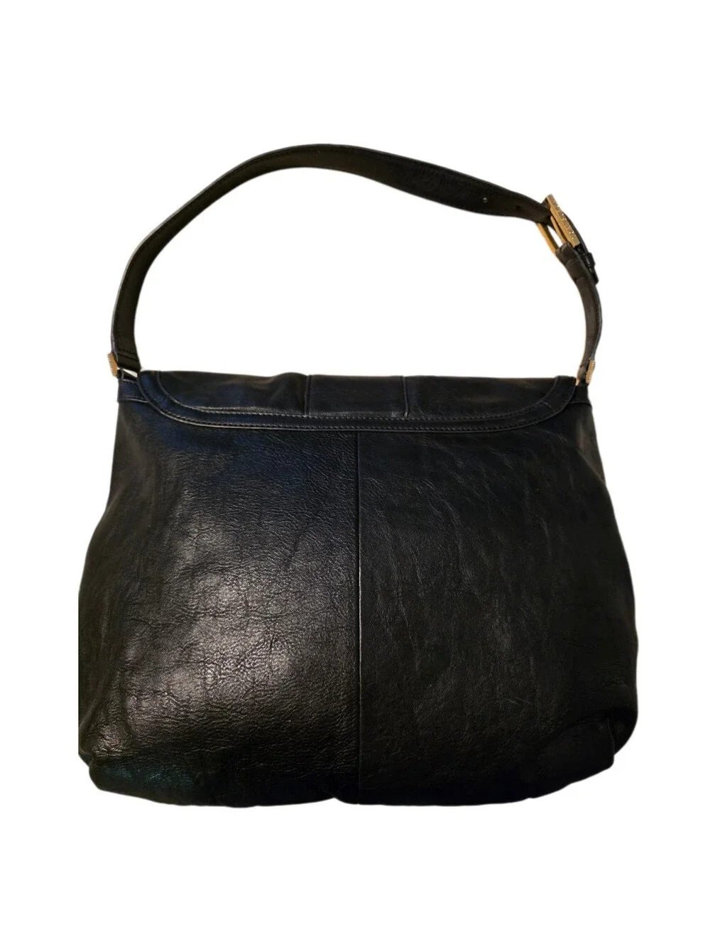 Tory Burch Black Leather Black Shoulder Bag Gold Logo Hobo Flap Purse